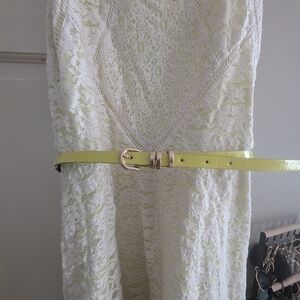 White Lace Dress with Yellow Belt